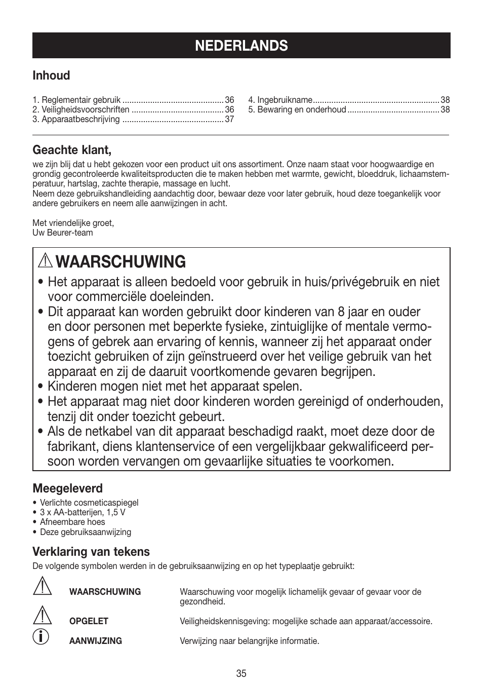 Waarschuwing, Nederlands | Beurer BS 99 User Manual | Page 35 / 48