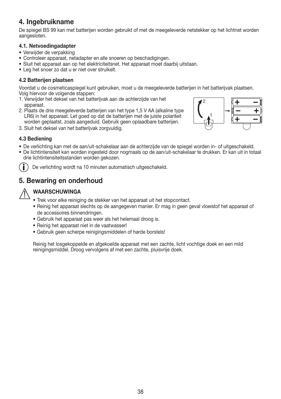 Ingebruikname, Bewaring en onderhoud | Beurer BS 99 User Manual | Page 38 / 48
