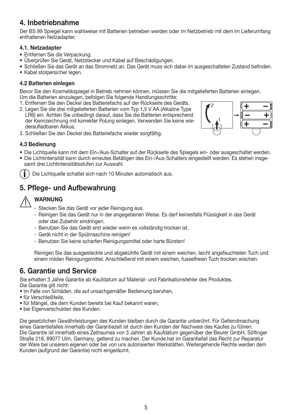 Inbetriebnahme, Pflege- und aufbewahrung, Garantie und service | Beurer BS 99 User Manual | Page 5 / 48