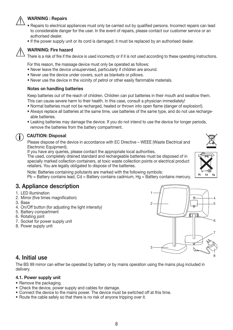 Appliance description, Initial use | Beurer BS 99 User Manual | Page 8 / 48
