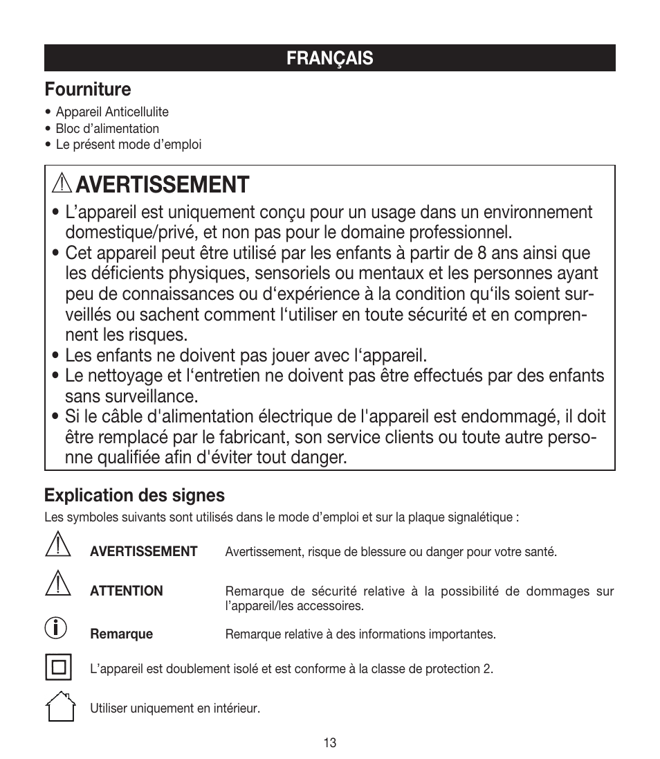 Avertissement, Fourniture, Français | Beurer CM 50 User Manual | Page 13 / 48