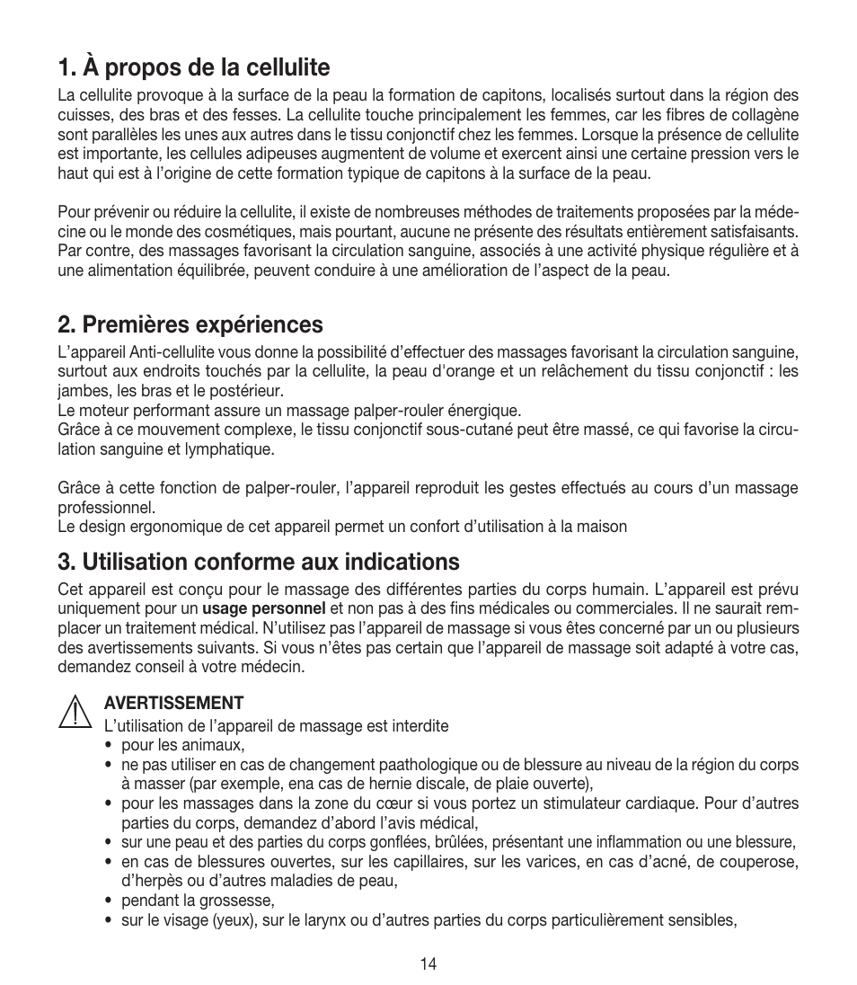 À propos de la cellulite, Premières expériences, Utilisation conforme aux indications | Beurer CM 50 User Manual | Page 14 / 48
