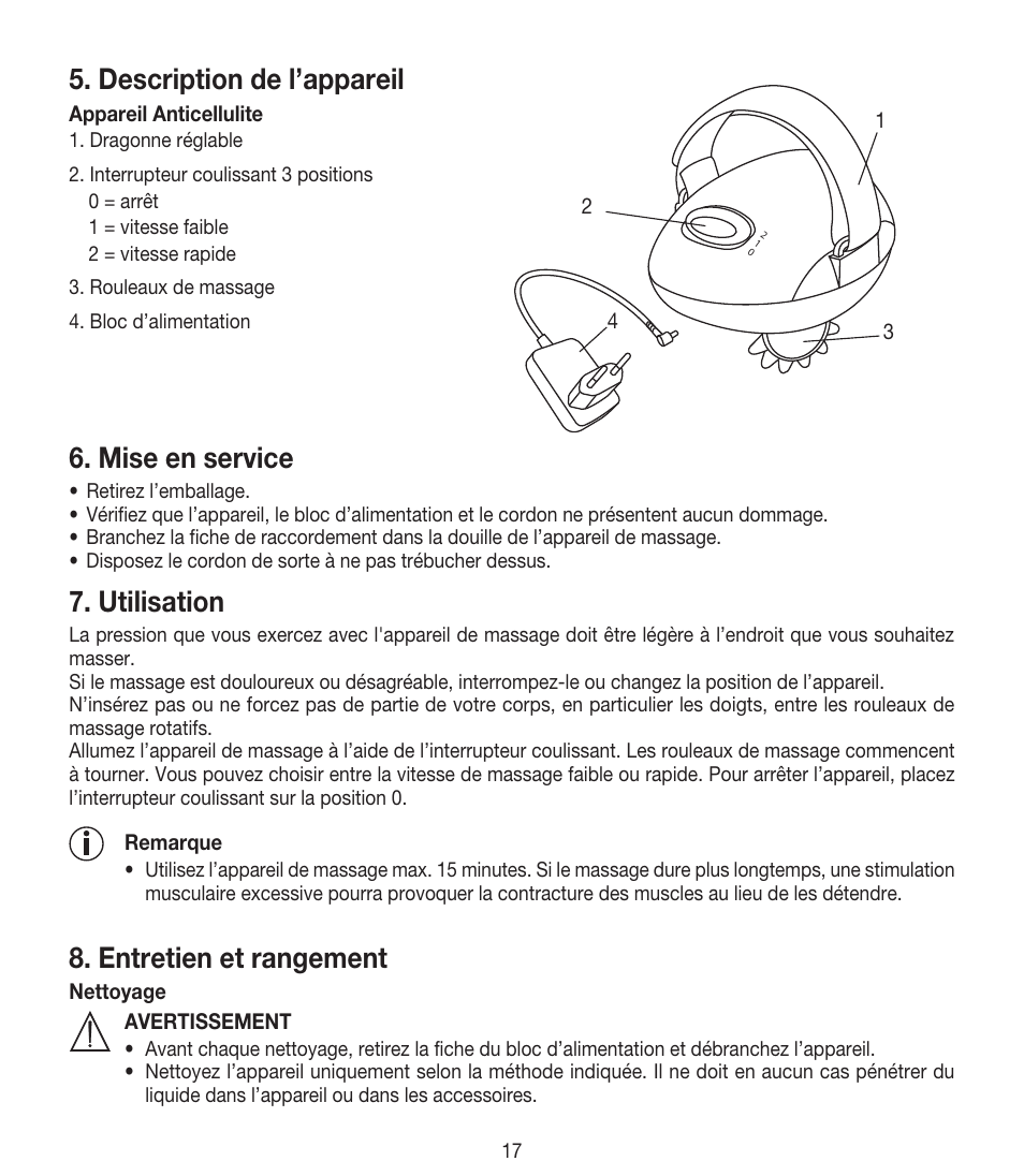 Description de l’appareil, Mise en service, Utilisation | Entretien et rangement | Beurer CM 50 User Manual | Page 17 / 48