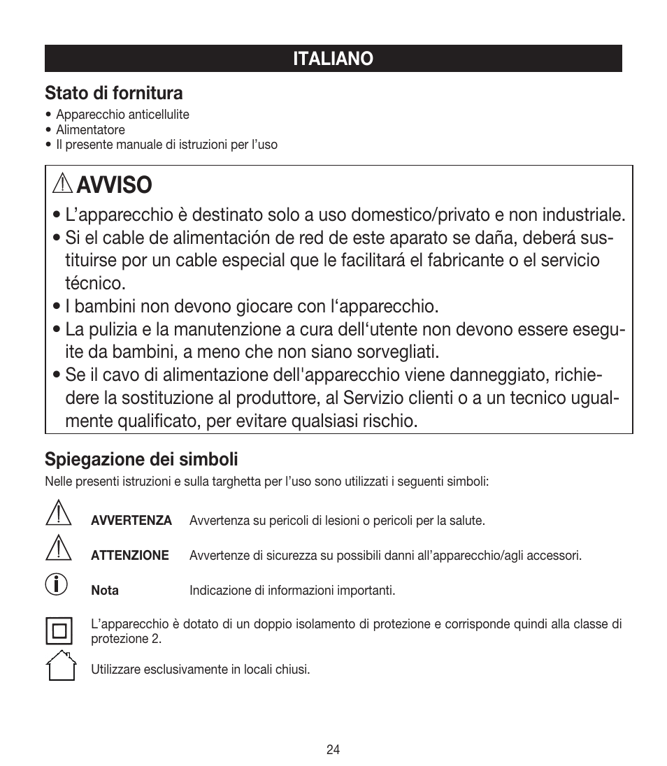 Avviso, Italiano stato di fornitura | Beurer CM 50 User Manual | Page 24 / 48