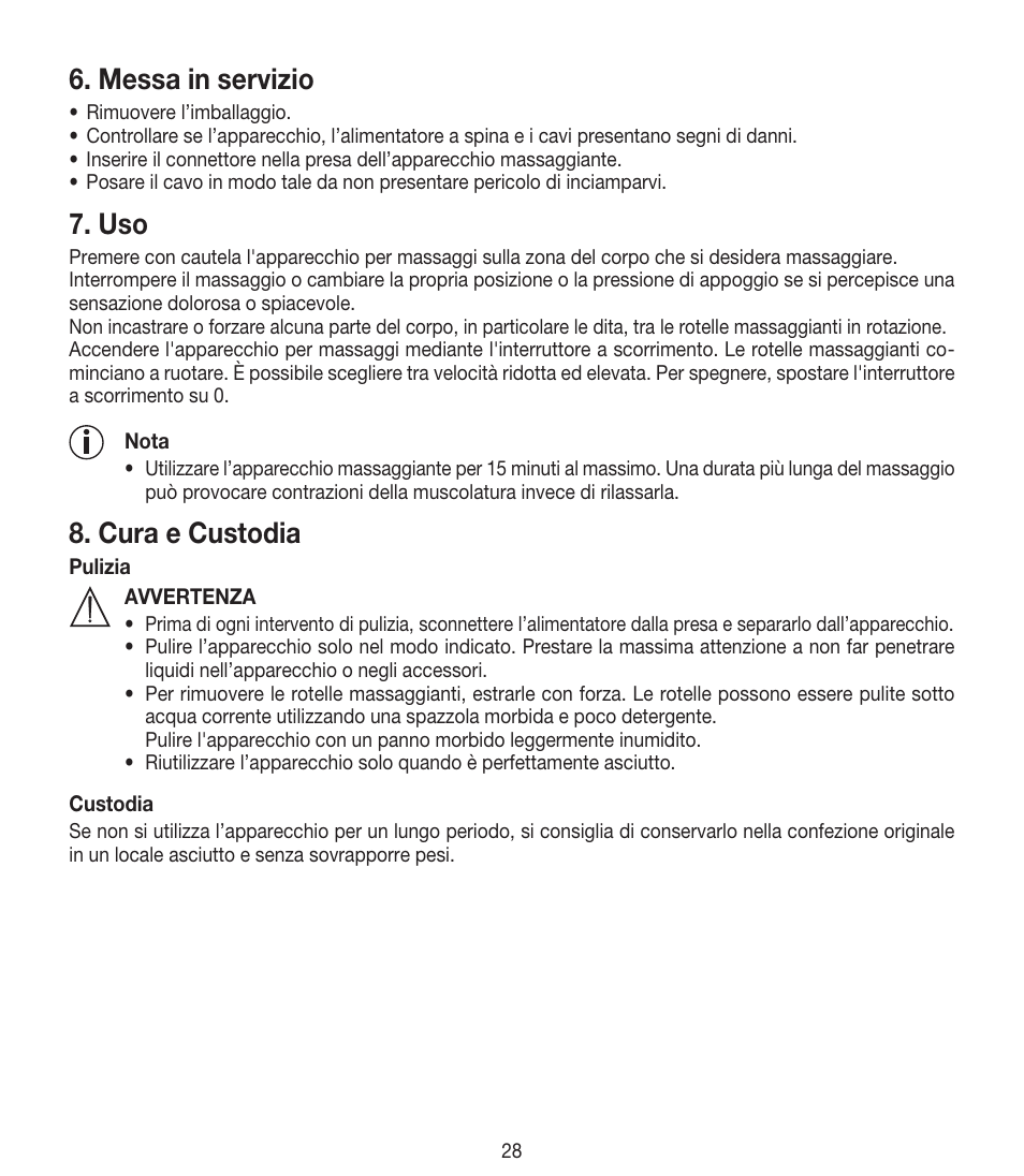 Messa in servizio, Cura e custodia | Beurer CM 50 User Manual | Page 28 / 48