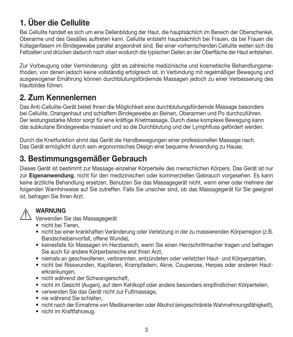 Über die cellulite, Zum kennenlernen, Bestimmungsgemäßer gebrauch | Beurer CM 50 User Manual | Page 3 / 48