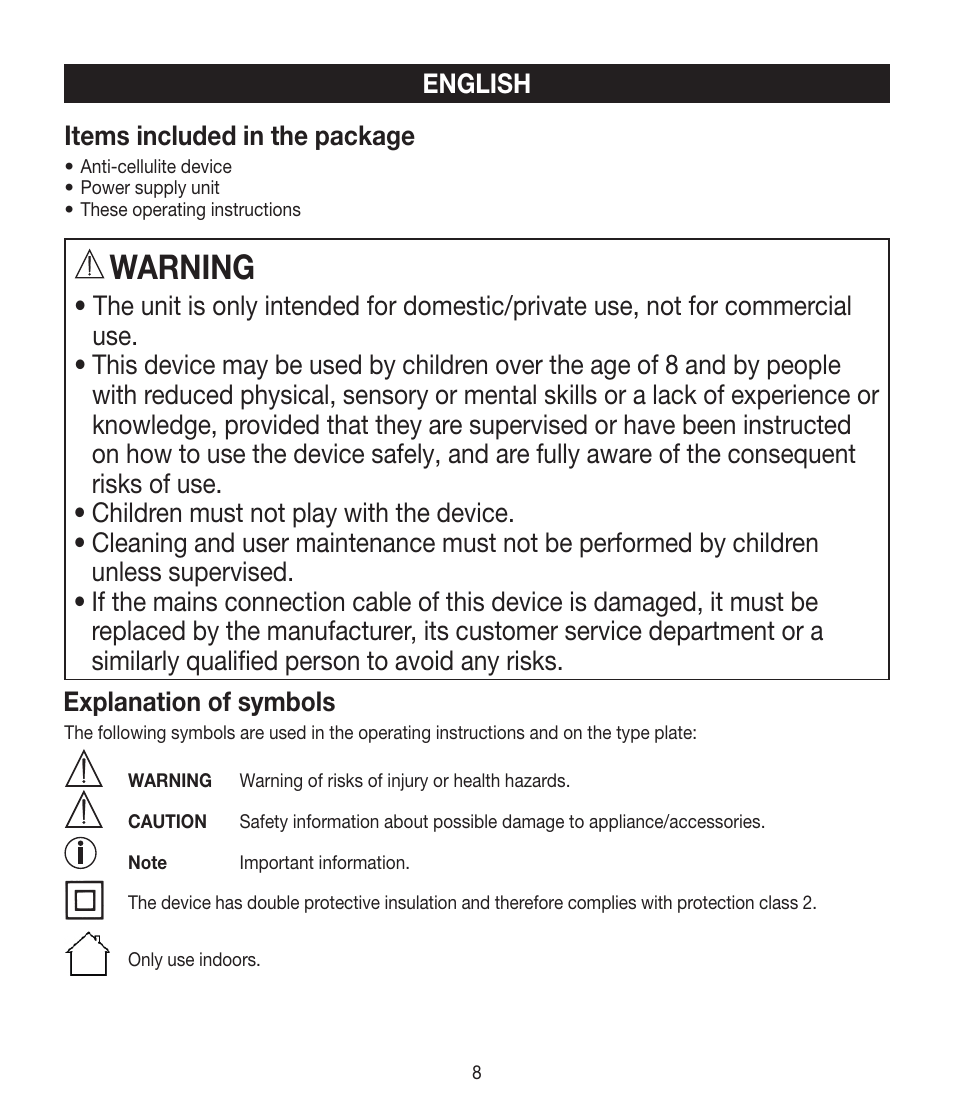 Warning, English items included in the package | Beurer CM 50 User Manual | Page 8 / 48