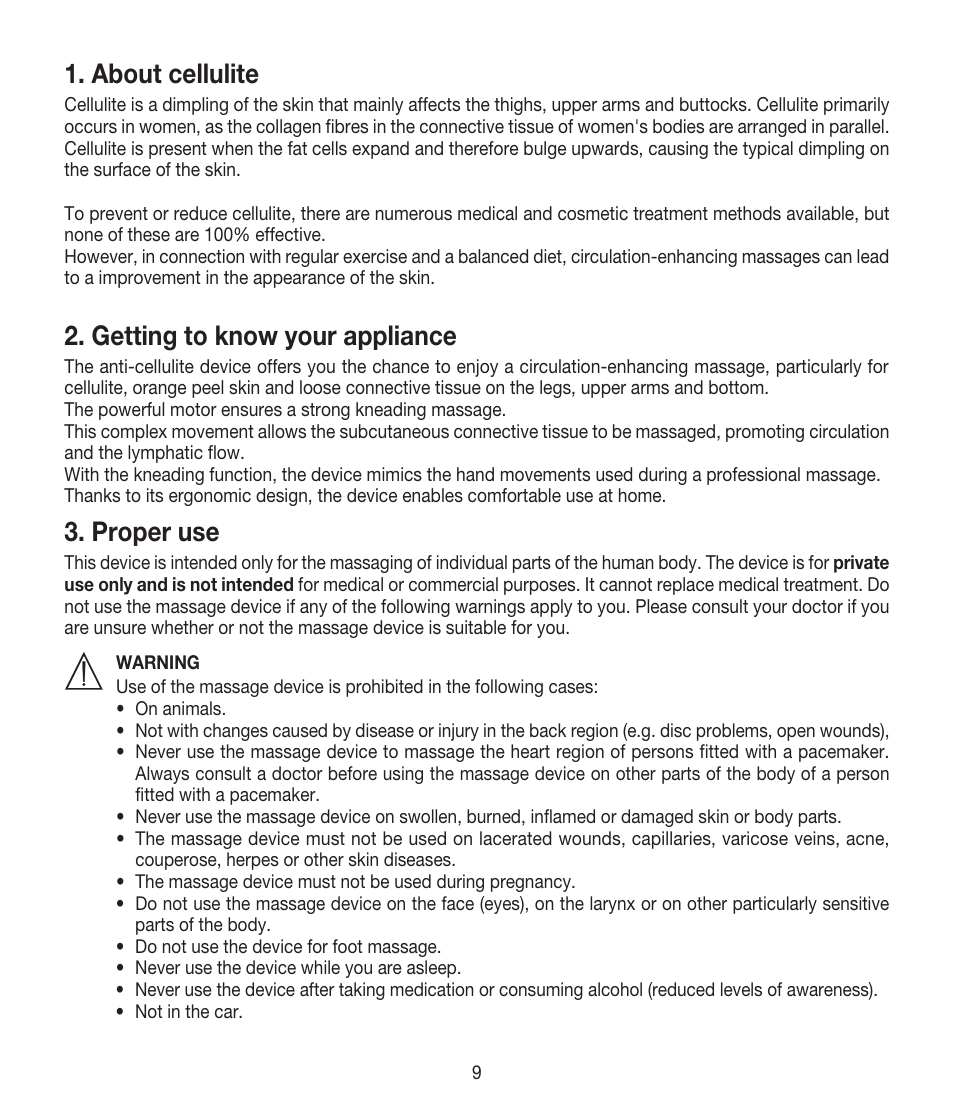 About cellulite, Getting to know your appliance, Proper use | Beurer CM 50 User Manual | Page 9 / 48