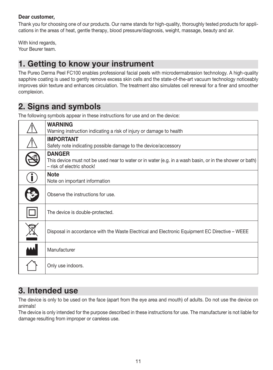 Getting to know your instrument, Signs and symbols, Intended use | Beurer FC 100 User Manual | Page 11 / 64