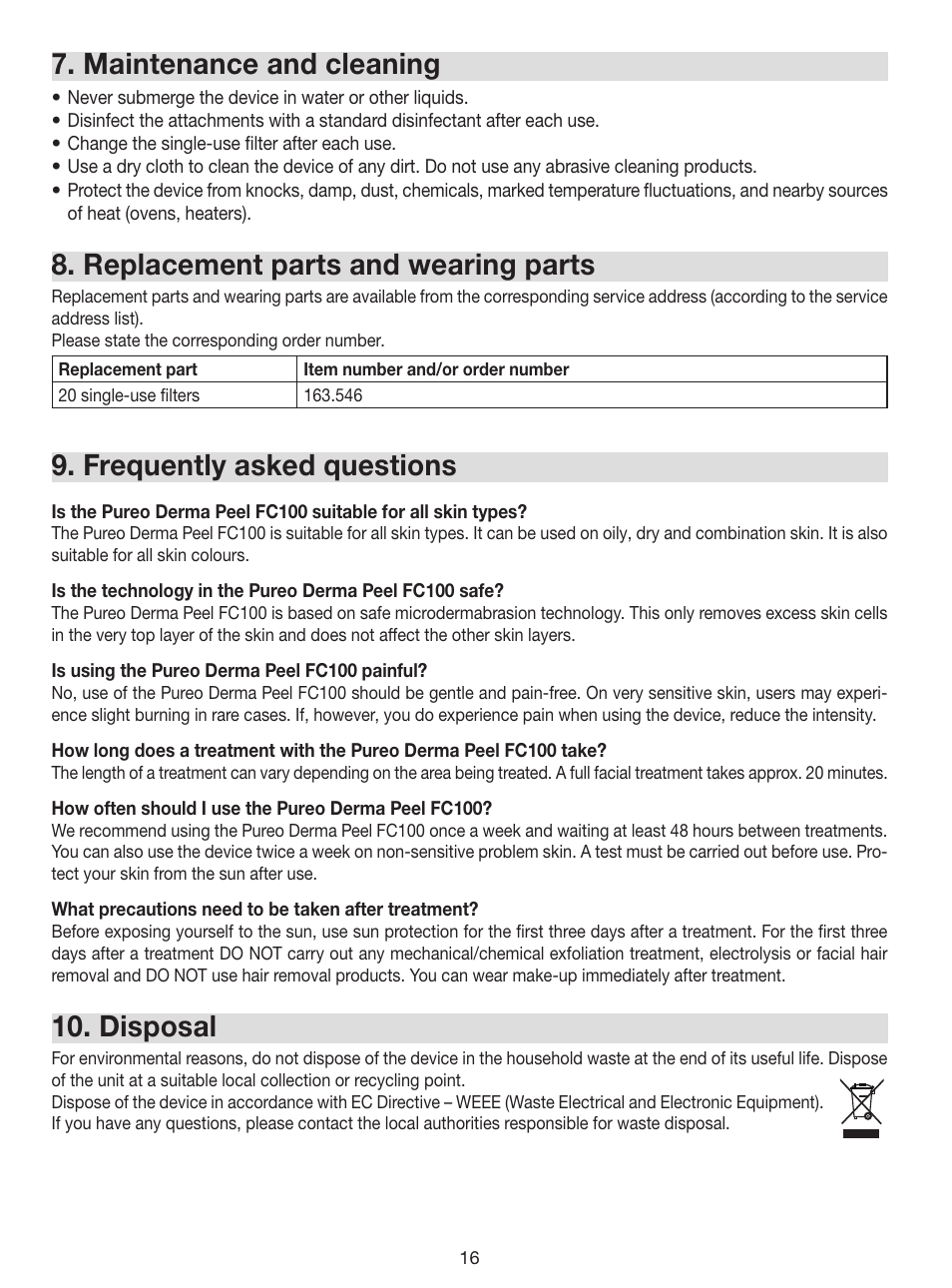 Maintenance and cleaning, Replacement parts and wearing parts, Frequently asked questions | Disposal | Beurer FC 100 User Manual | Page 16 / 64
