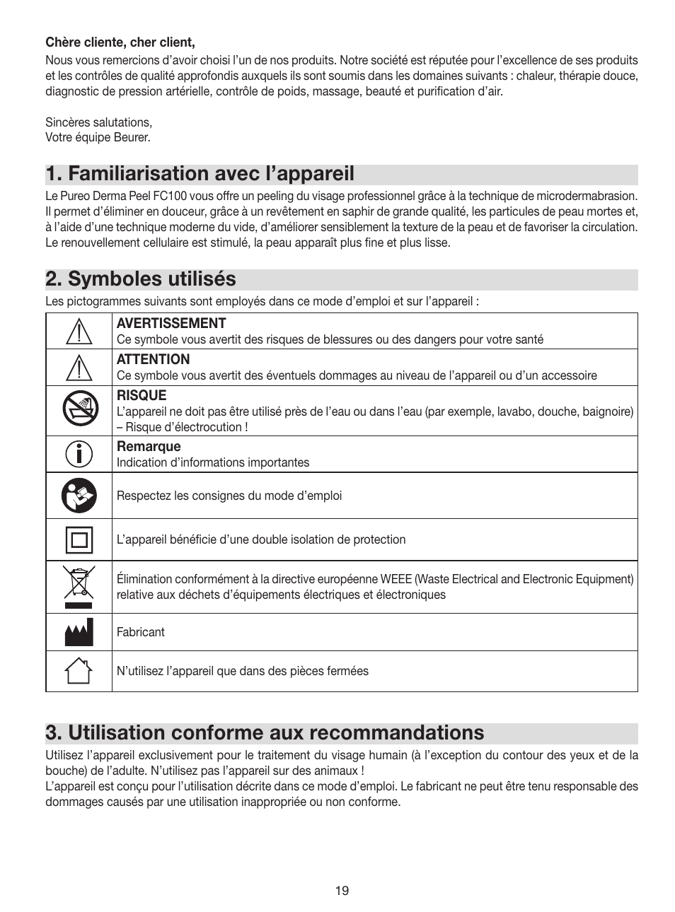 Familiarisation avec l’appareil, Symboles utilisés, Utilisation conforme aux recommandations | Beurer FC 100 User Manual | Page 19 / 64