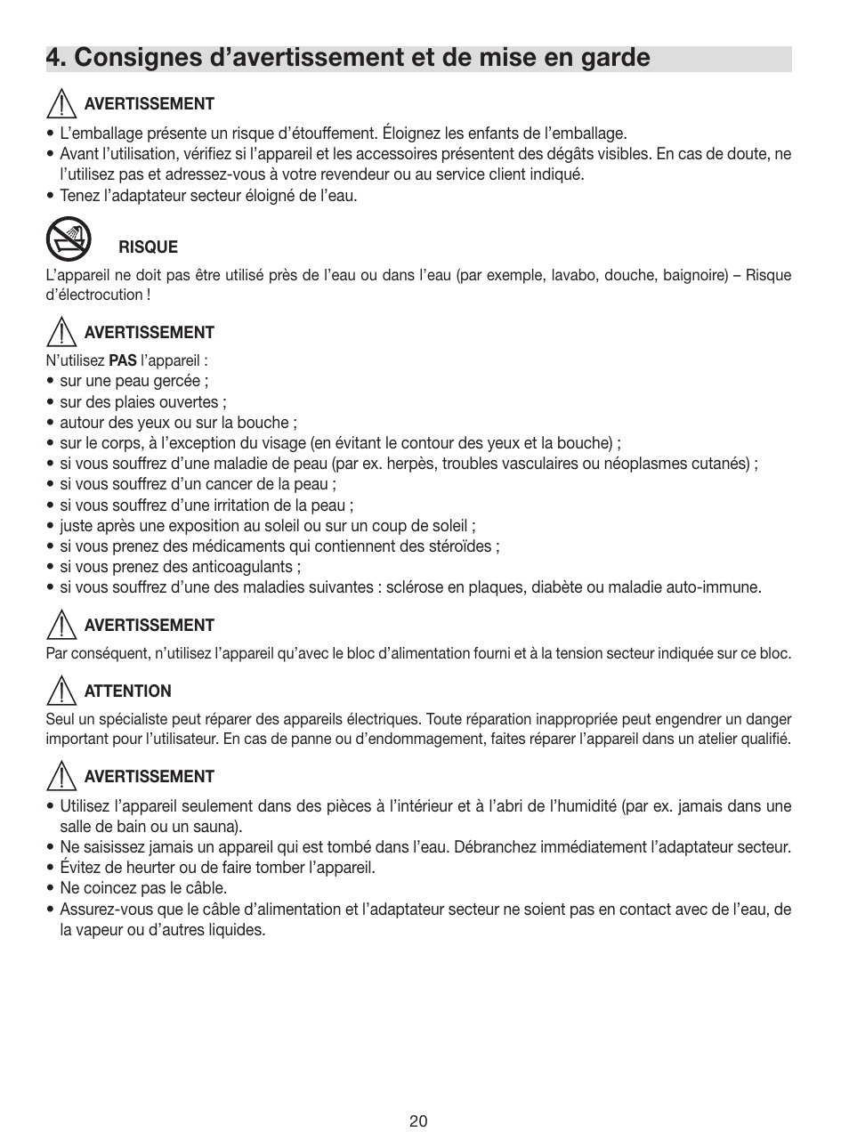 Consignes d’avertissement et de mise en garde | Beurer FC 100 User Manual | Page 20 / 64