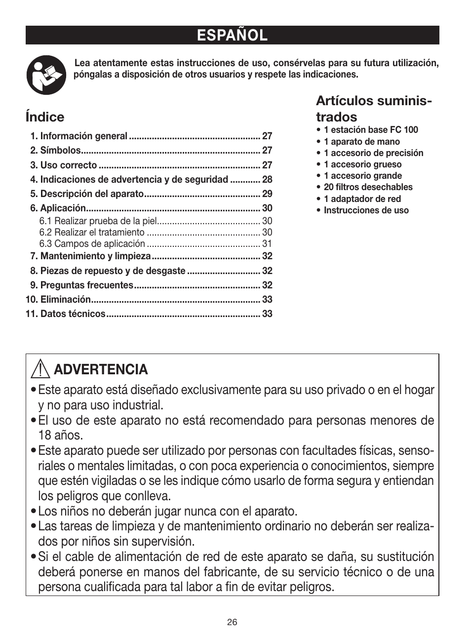 Español, Advertencia | Beurer FC 100 User Manual | Page 26 / 64