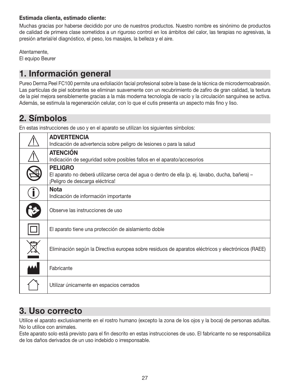 Información general, Símbolos, Uso correcto | Beurer FC 100 User Manual | Page 27 / 64