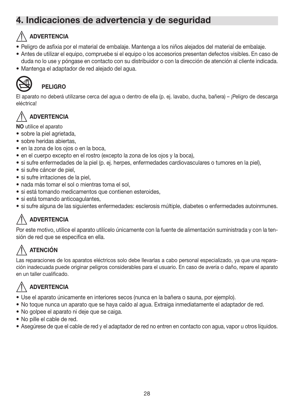 Indicaciones de advertencia y de seguridad | Beurer FC 100 User Manual | Page 28 / 64