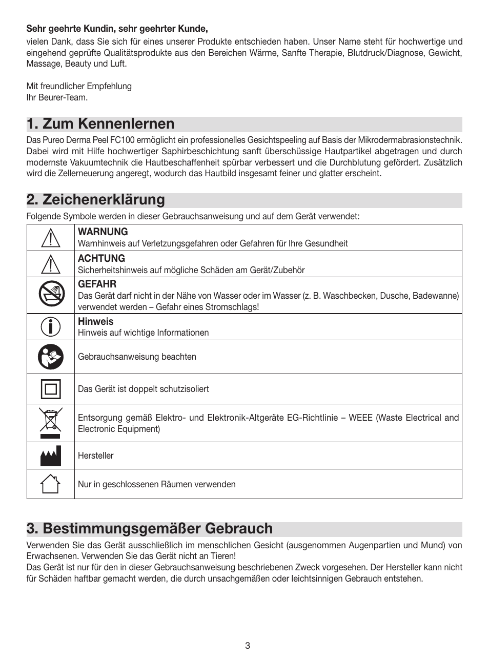 Zum kennenlernen, Zeichenerklärung, Bestimmungsgemäßer gebrauch | Beurer FC 100 User Manual | Page 3 / 64