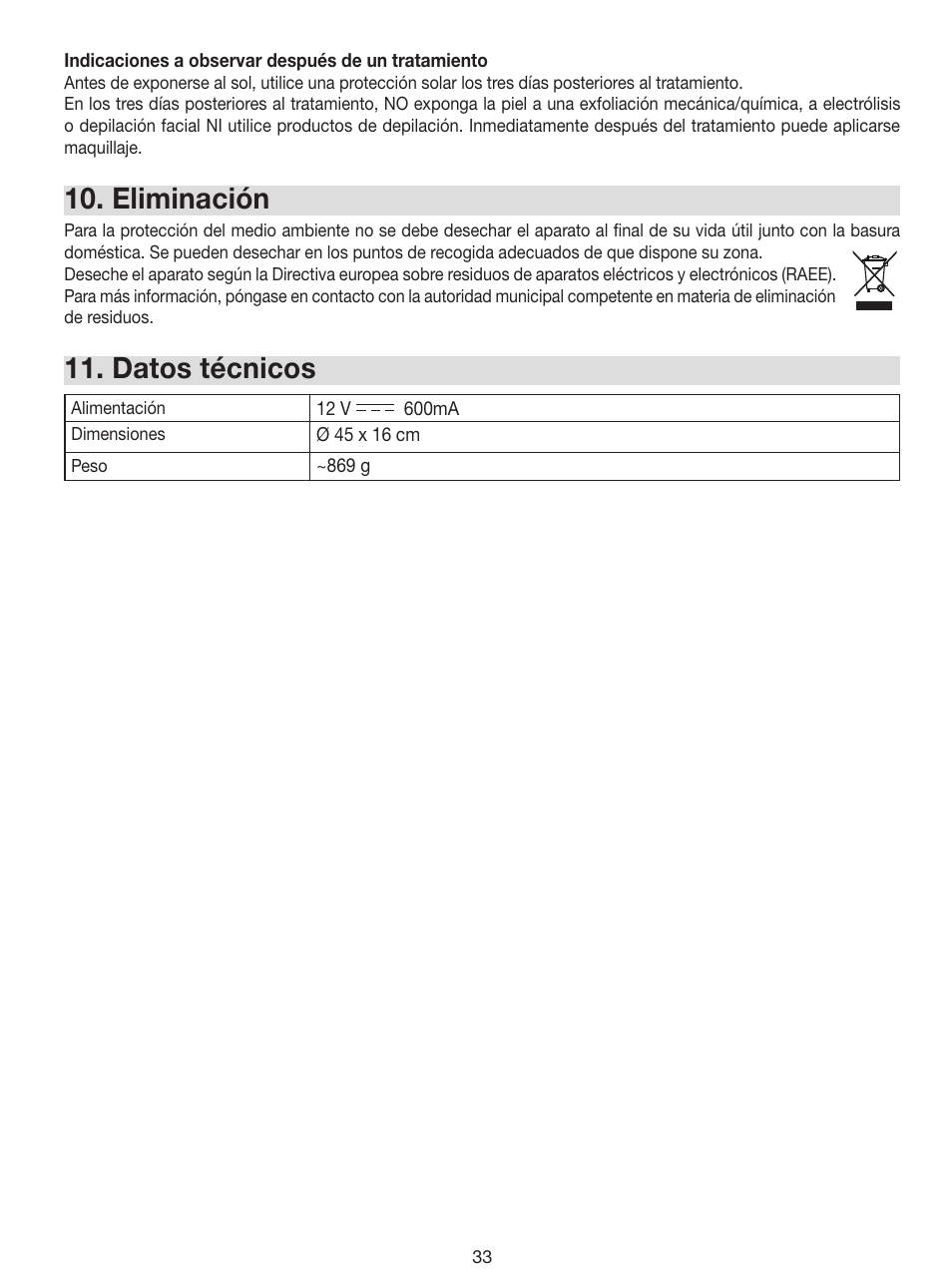 Eliminación, Datos técnicos | Beurer FC 100 User Manual | Page 33 / 64