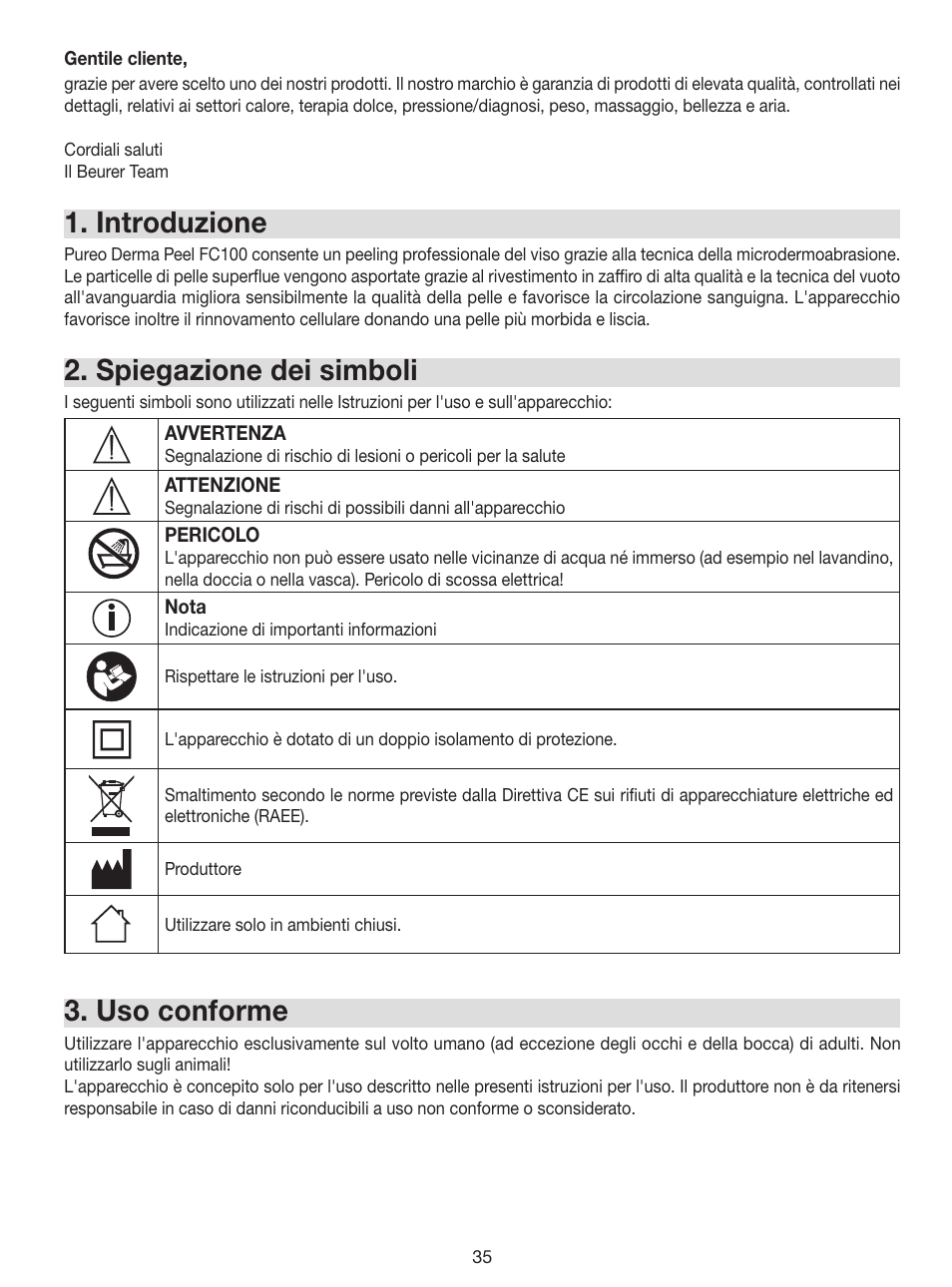 Introduzione, Spiegazione dei simboli, Uso conforme | Beurer FC 100 User Manual | Page 35 / 64