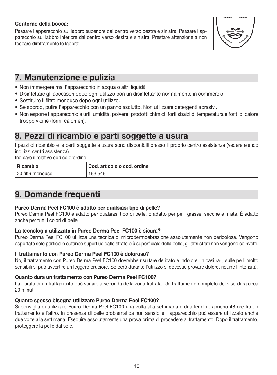 Manutenzione e pulizia, Pezzi di ricambio e parti soggette a usura, Domande frequenti | Beurer FC 100 User Manual | Page 40 / 64