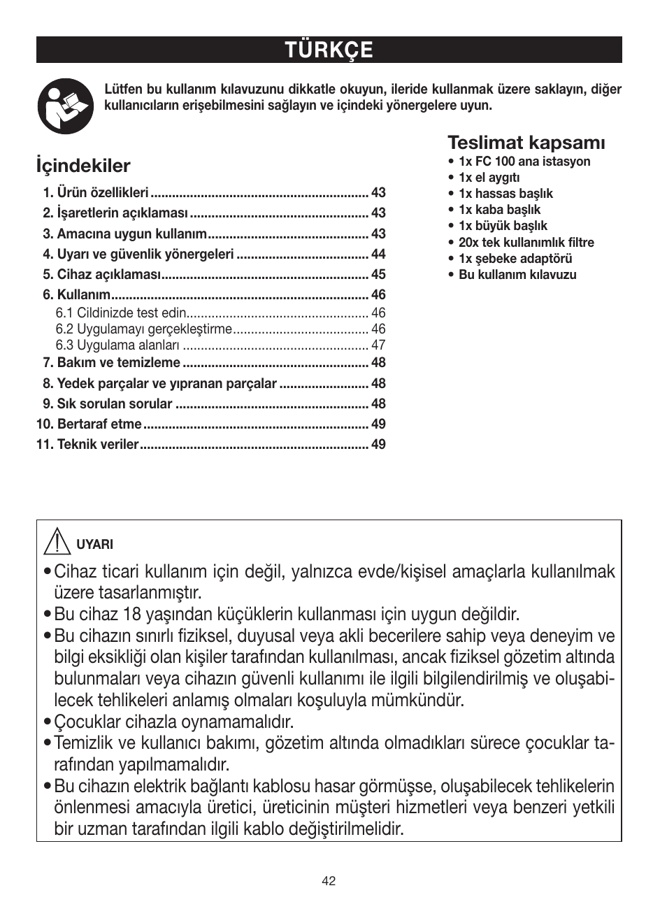 Türkçe, Içindekiler | Beurer FC 100 User Manual | Page 42 / 64