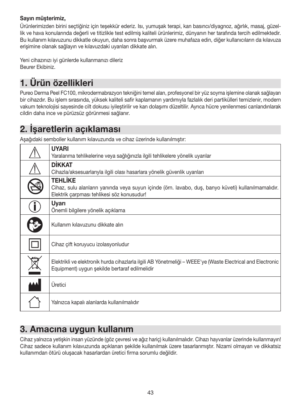 Ürün özellikleri, Işaretlerin açıklaması, Amacına uygun kullanım | Beurer FC 100 User Manual | Page 43 / 64