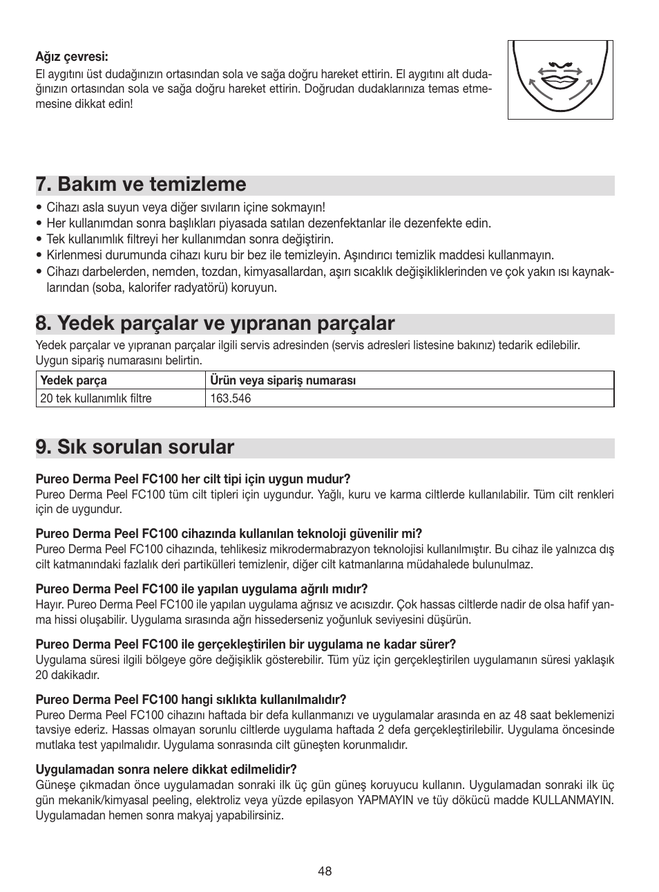 Bakım ve temizleme, Yedek parçalar ve yıpranan parçalar, Sık sorulan sorular | Beurer FC 100 User Manual | Page 48 / 64