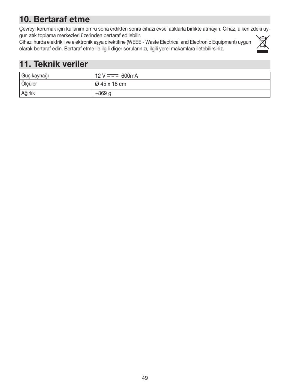 Bertaraf etme, Teknik veriler | Beurer FC 100 User Manual | Page 49 / 64