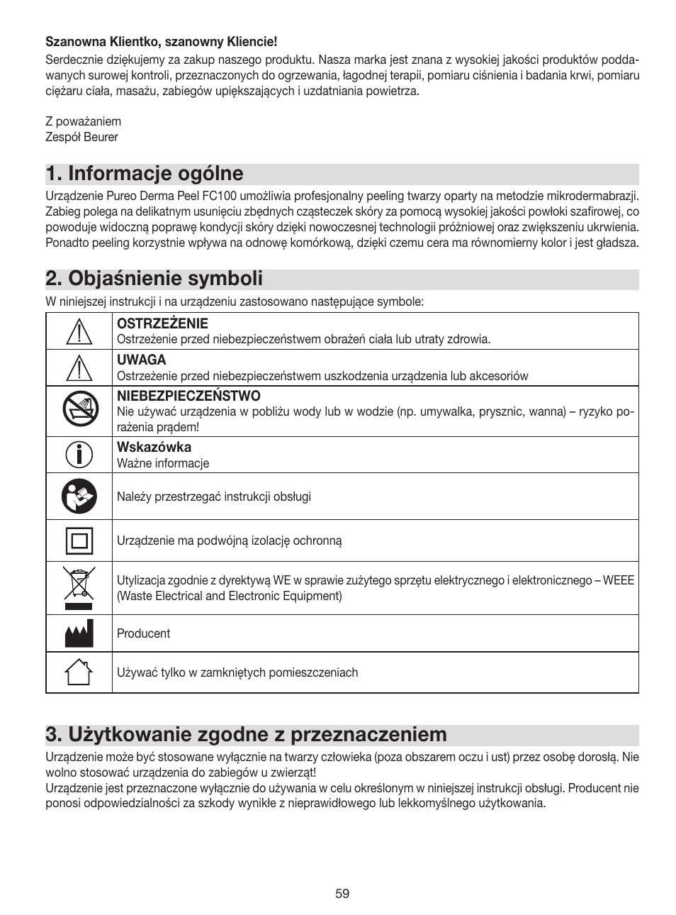 Informacje ogólne, Objaśnienie symboli, Użytkowanie zgodne z przeznaczeniem | Beurer FC 100 User Manual | Page 59 / 64