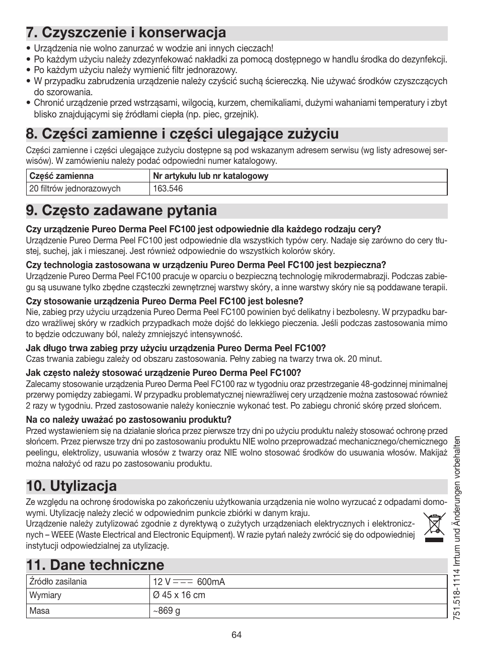 Czyszczenie i konserwacja, Części zamienne i części ulegające zużyciu, Często zadawane pytania | Utylizacja, Dane techniczne | Beurer FC 100 User Manual | Page 64 / 64