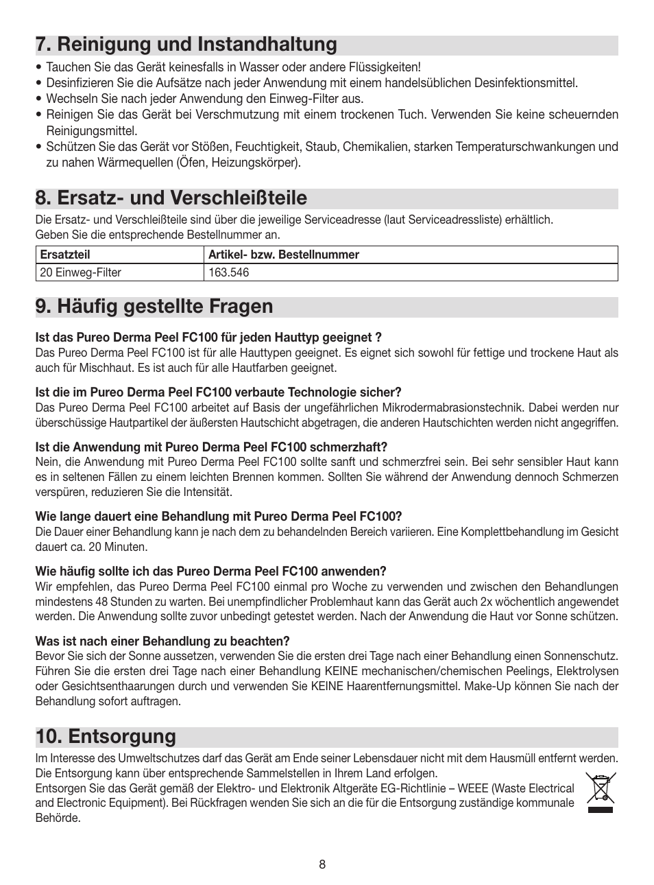 Reinigung und instandhaltung, Ersatz- und verschleißteile, Häufig gestellte fragen | Entsorgung | Beurer FC 100 User Manual | Page 8 / 64