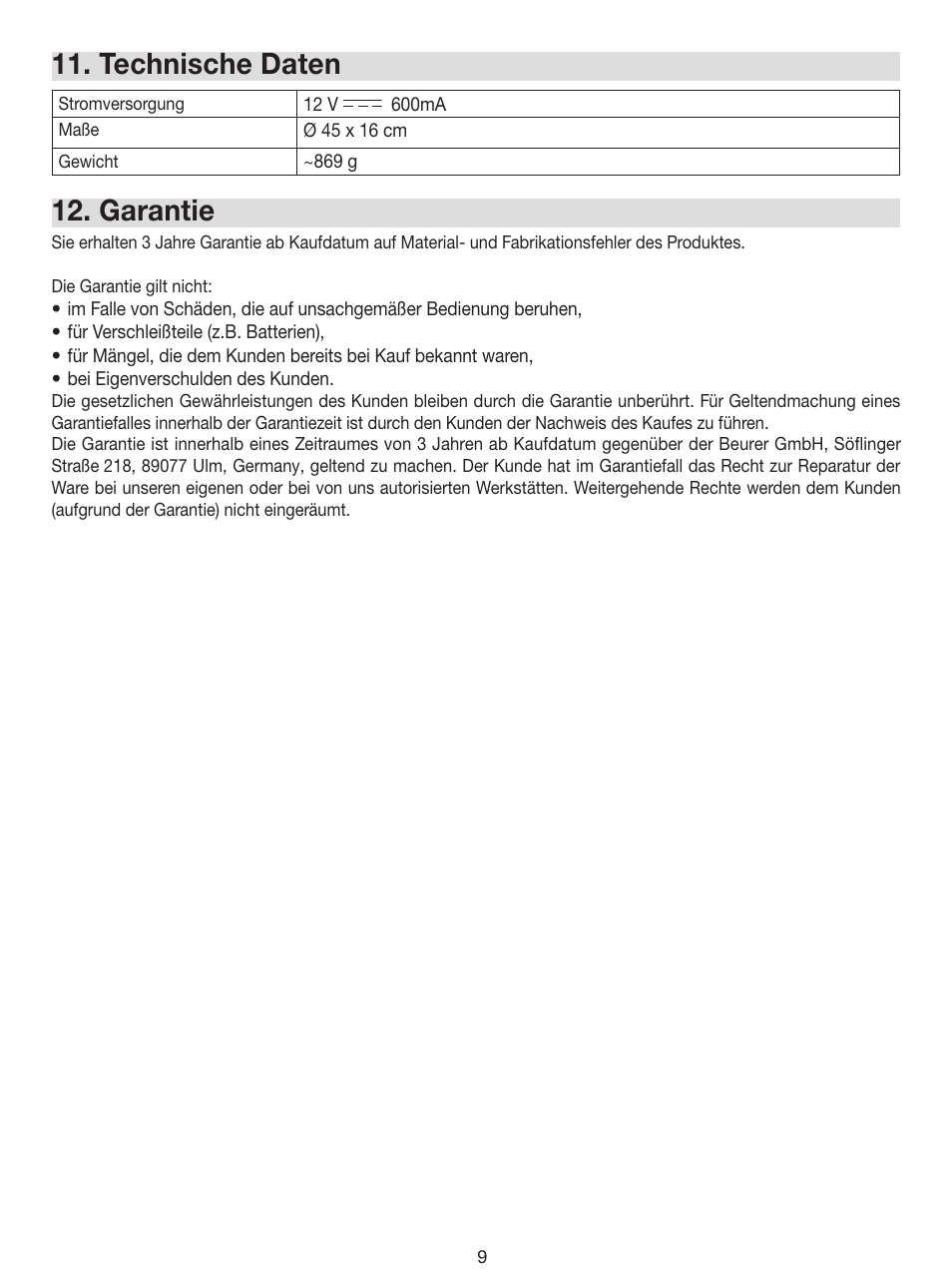 Technische daten, Garantie | Beurer FC 100 User Manual | Page 9 / 64