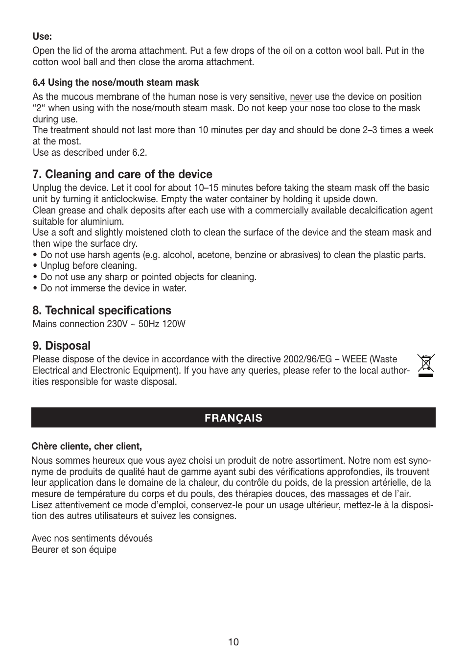 Cleaning and care of the device, Technical specifications, Disposal | Beurer FS 50 User Manual | Page 10 / 48