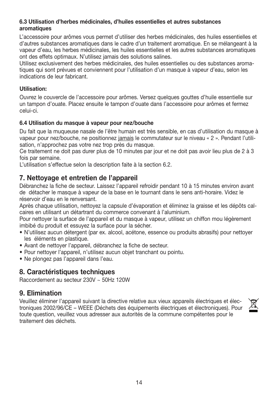 Nettoyage et entretien de l’appareil, Caractéristiques techniques, Elimination | Beurer FS 50 User Manual | Page 14 / 48