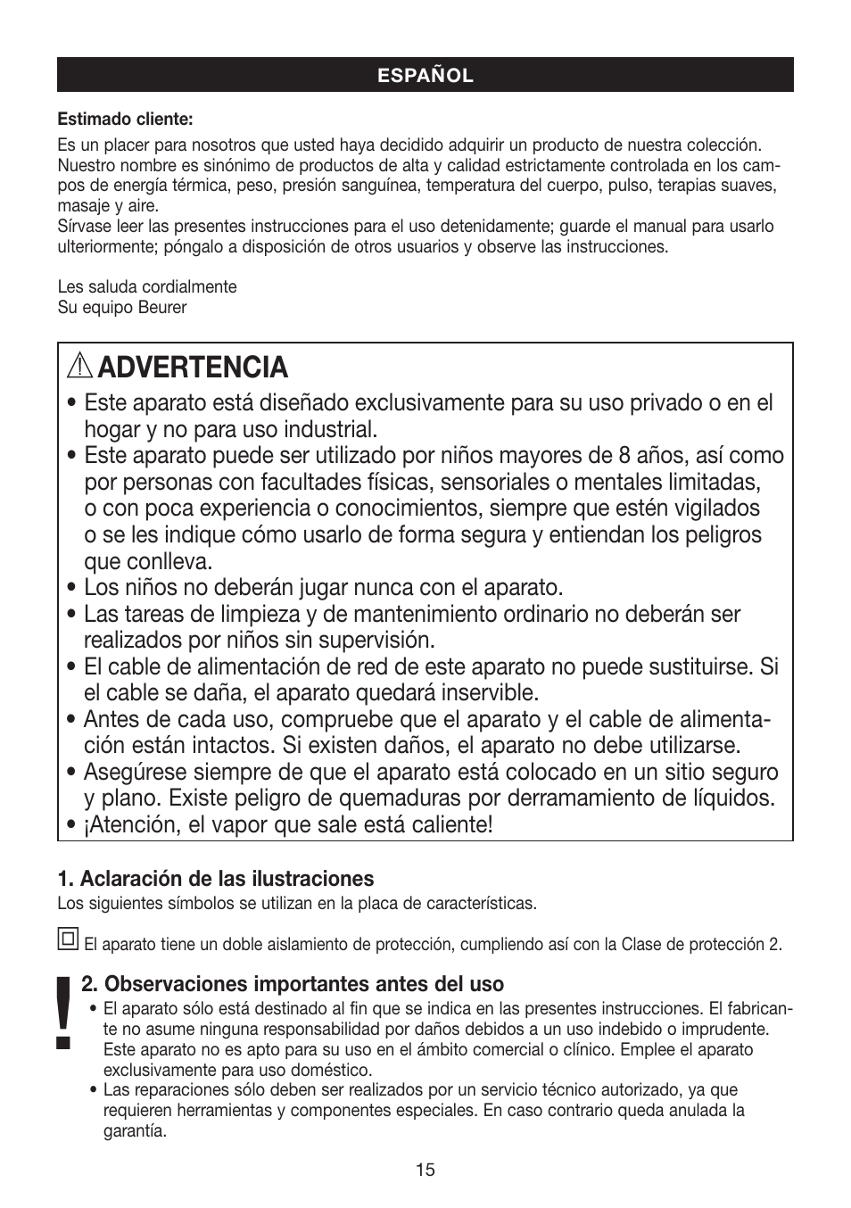 Advertencia | Beurer FS 50 User Manual | Page 15 / 48