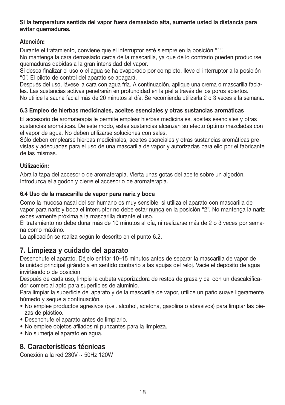 Limpieza y cuidado del aparato, Características técnicas | Beurer FS 50 User Manual | Page 18 / 48