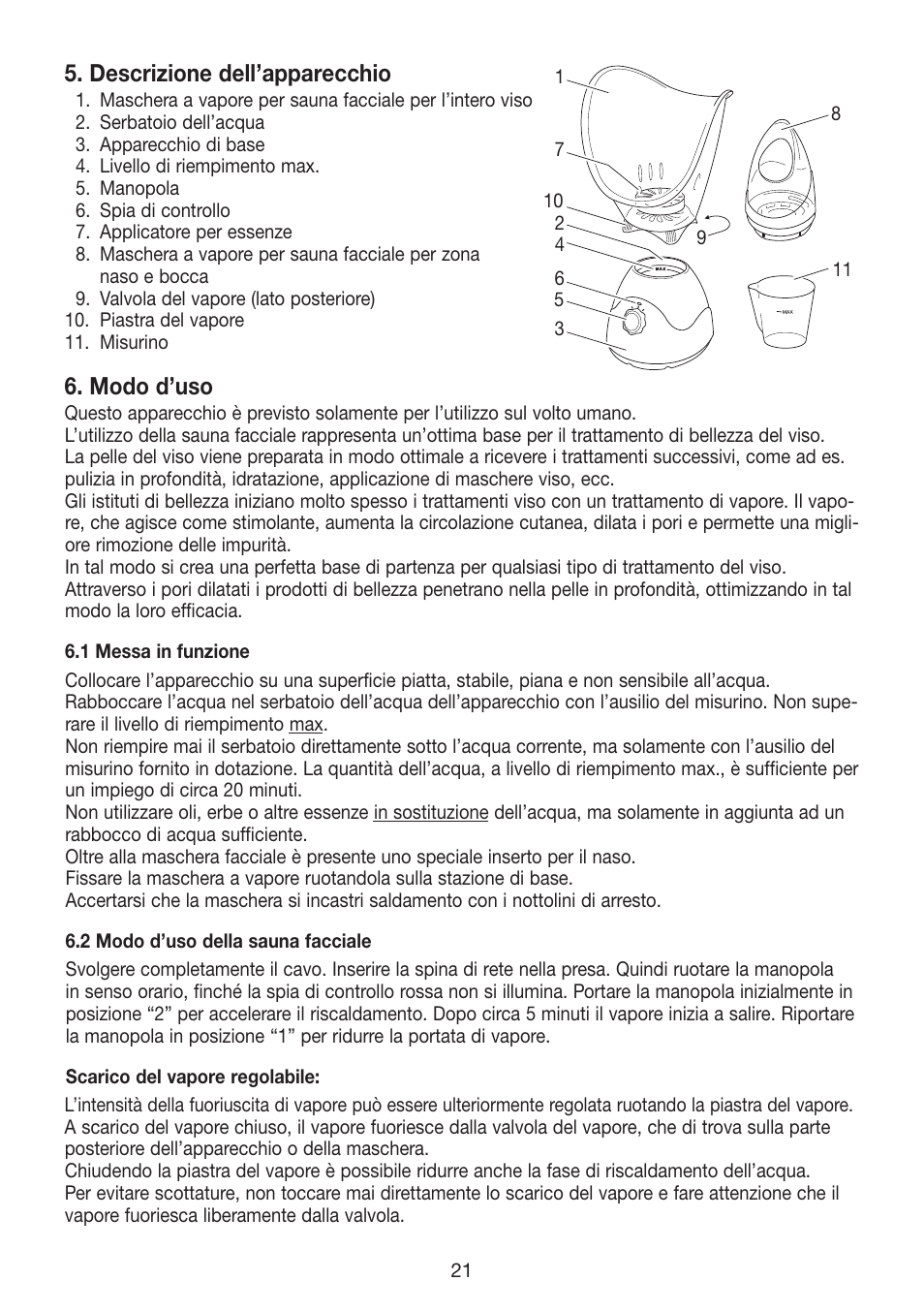 Descrizione dell’apparecchio, Modo d’uso | Beurer FS 50 User Manual | Page 21 / 48