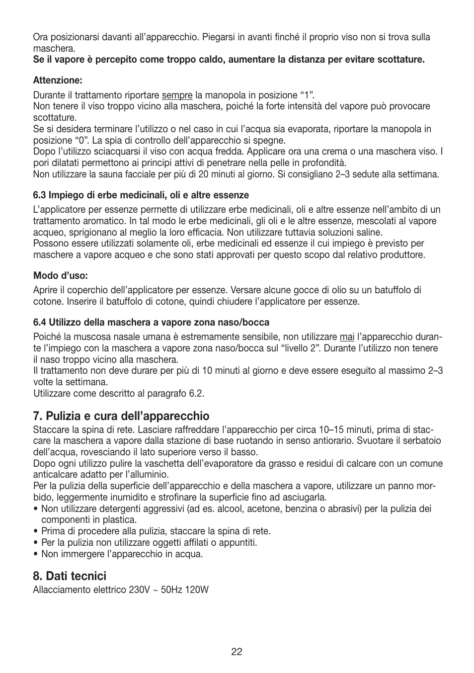 Pulizia e cura dell’apparecchio, Dati tecnici | Beurer FS 50 User Manual | Page 22 / 48