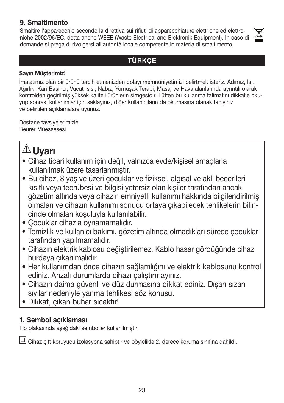 Uyarı | Beurer FS 50 User Manual | Page 23 / 48