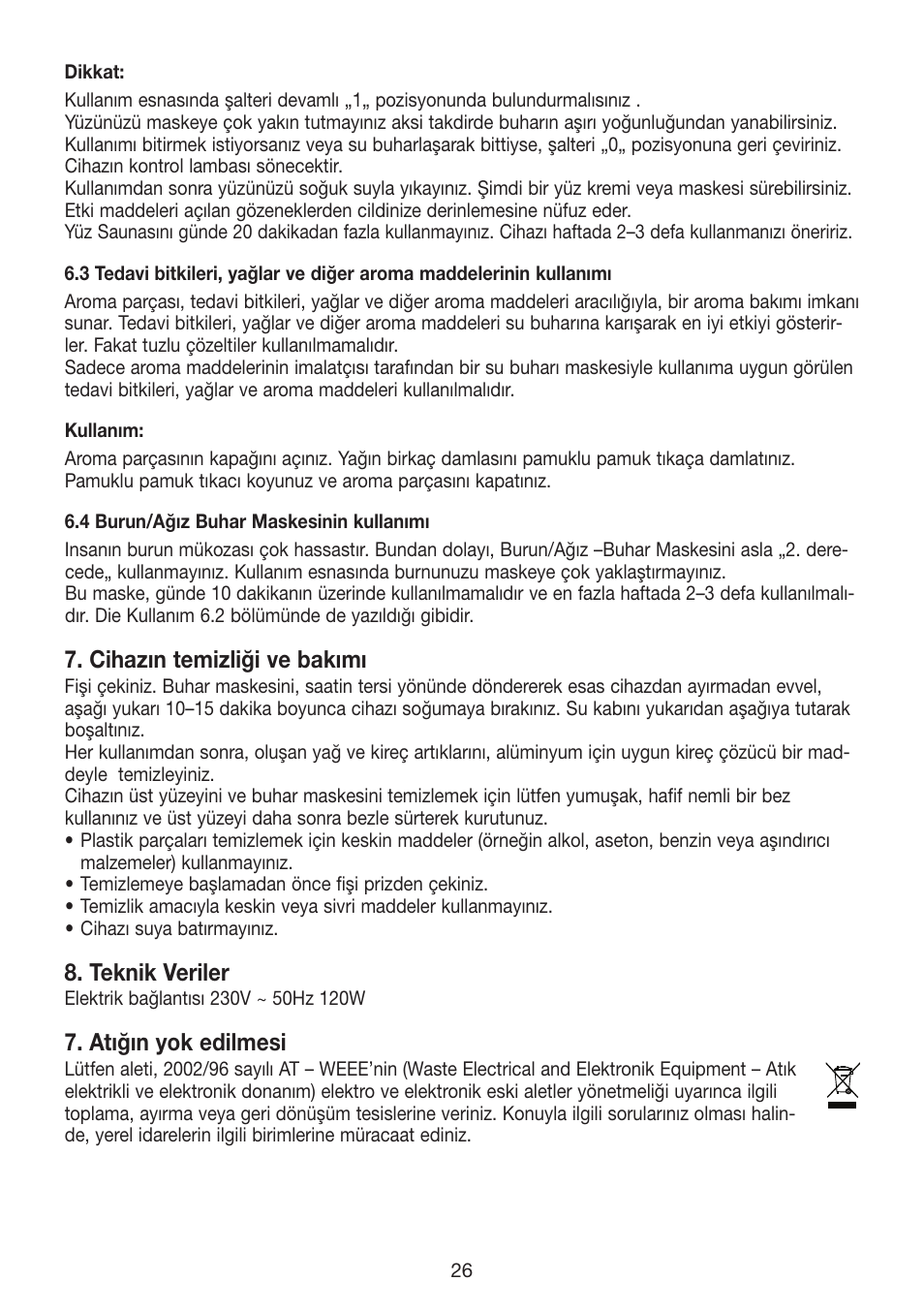 Cihazın temizliği ve bakımı, Teknik veriler, Atığın yok edilmesi | Beurer FS 50 User Manual | Page 26 / 48
