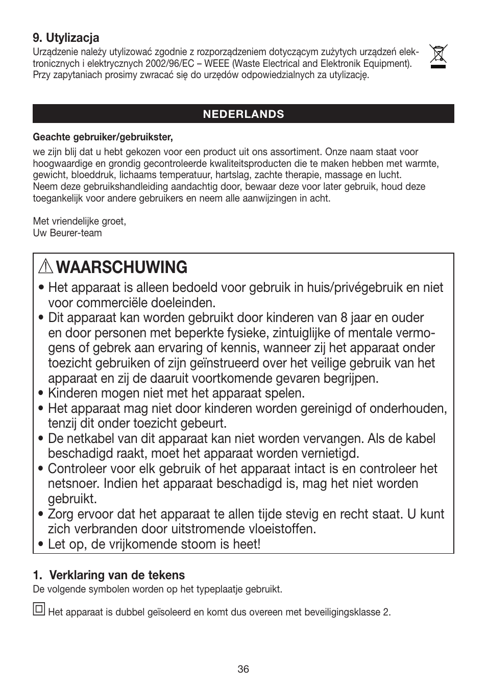 Waarschuwing | Beurer FS 50 User Manual | Page 36 / 48