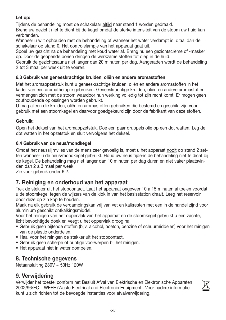 Reiniging en onderhoud van het apparaat, Technische gegevens, Verwijdering | Beurer FS 50 User Manual | Page 39 / 48