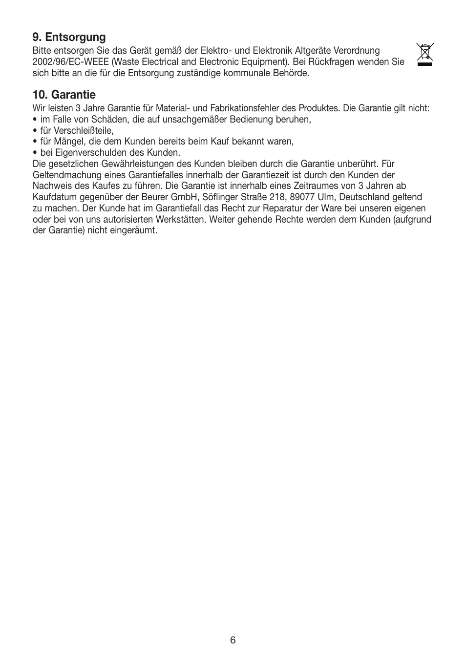 Entsorgung, Garantie | Beurer FS 50 User Manual | Page 6 / 48