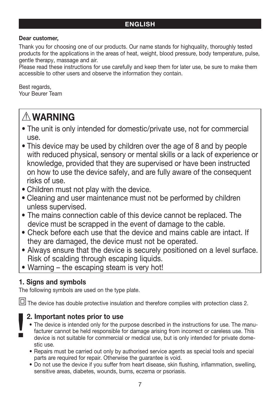 Warning | Beurer FS 50 User Manual | Page 7 / 48