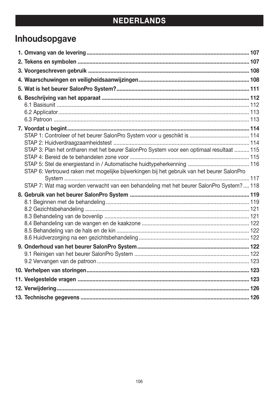 Inhoudsopgave, Nederlands | Beurer IPL 10000+ User Manual | Page 106 / 128