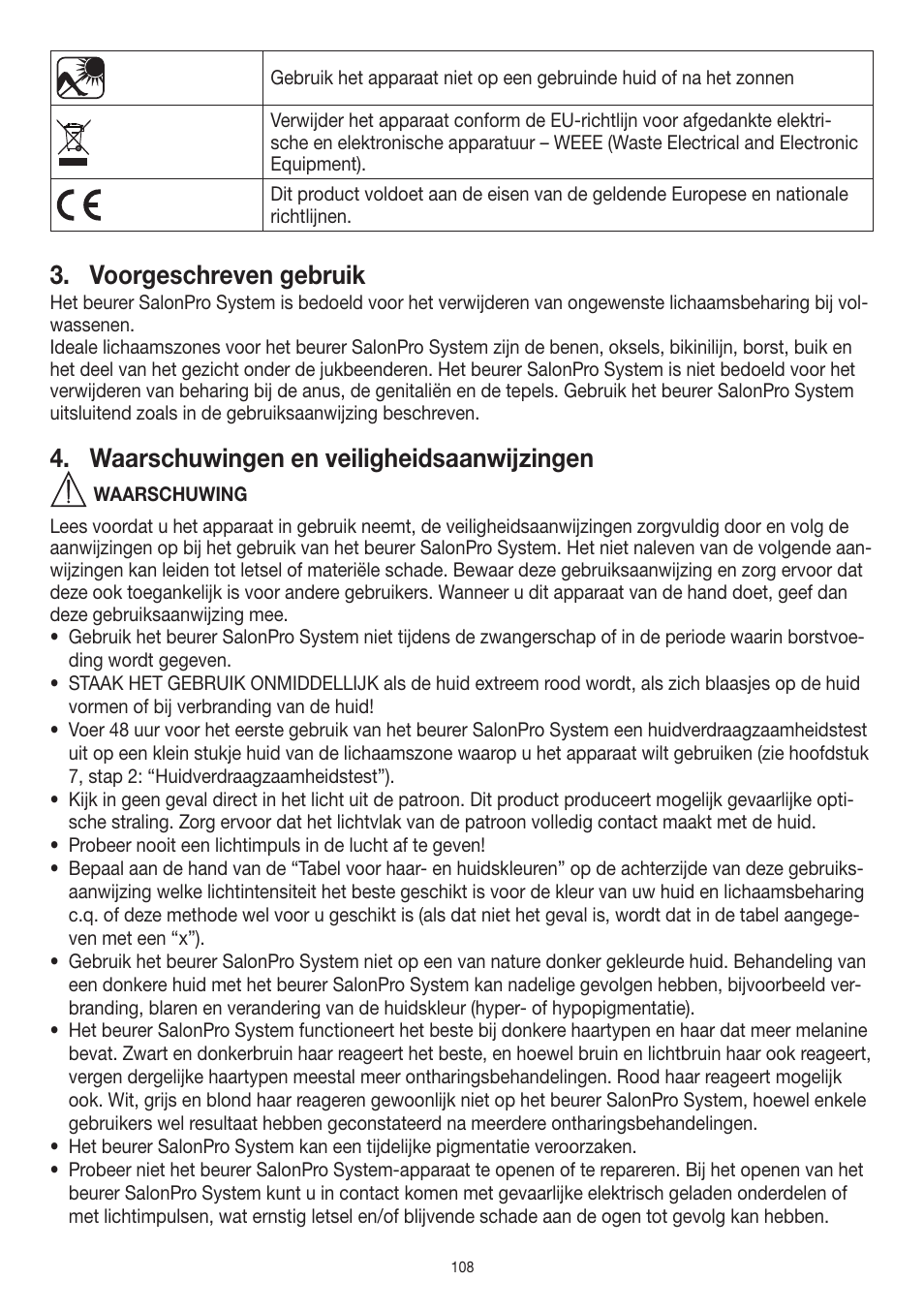 Voorgeschreven gebruik, Waarschuwingen en veiligheidsaanwijzingen | Beurer IPL 10000+ User Manual | Page 108 / 128