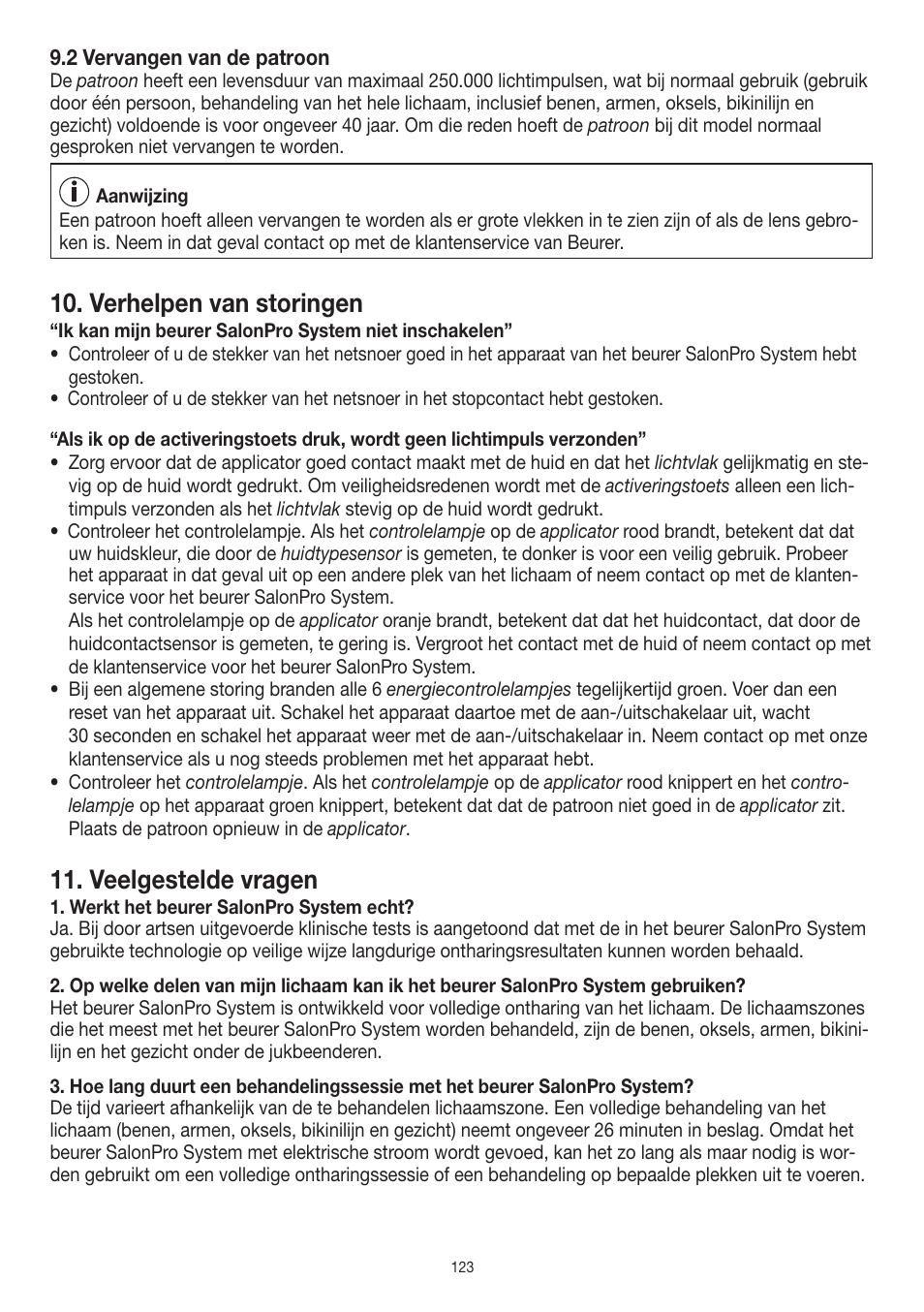 Verhelpen van storingen, Veelgestelde vragen | Beurer IPL 10000+ User Manual | Page 123 / 128