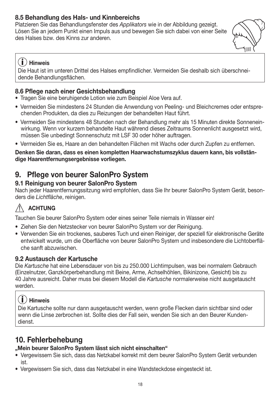 Pflege von beurer salonpro system, Fehlerbehebung | Beurer IPL 10000+ User Manual | Page 18 / 128