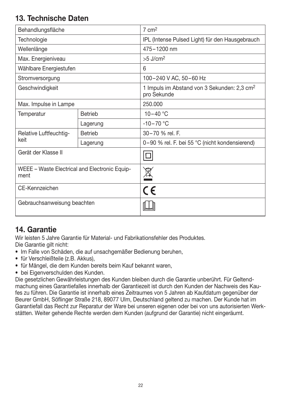 Technische daten, Garantie | Beurer IPL 10000+ User Manual | Page 22 / 128