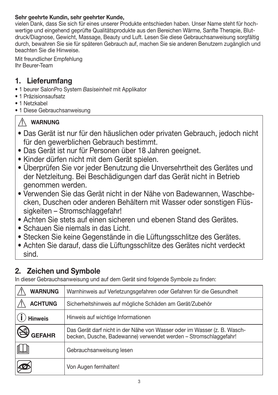 Lieferumfang | Beurer IPL 10000+ User Manual | Page 3 / 128