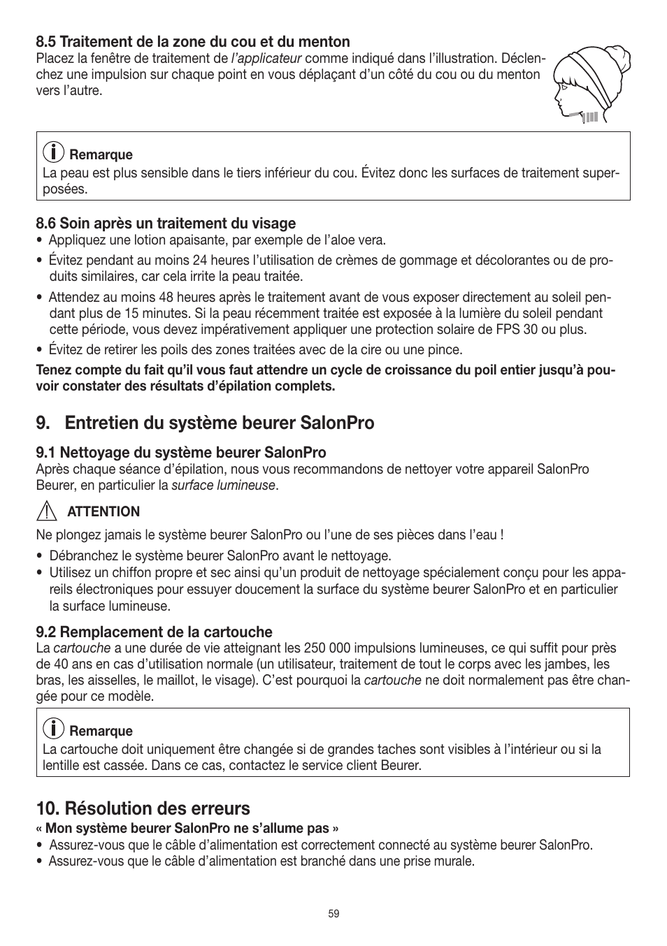 Entretien du système beurer salonpro, Résolution des erreurs | Beurer IPL 10000+ User Manual | Page 59 / 128